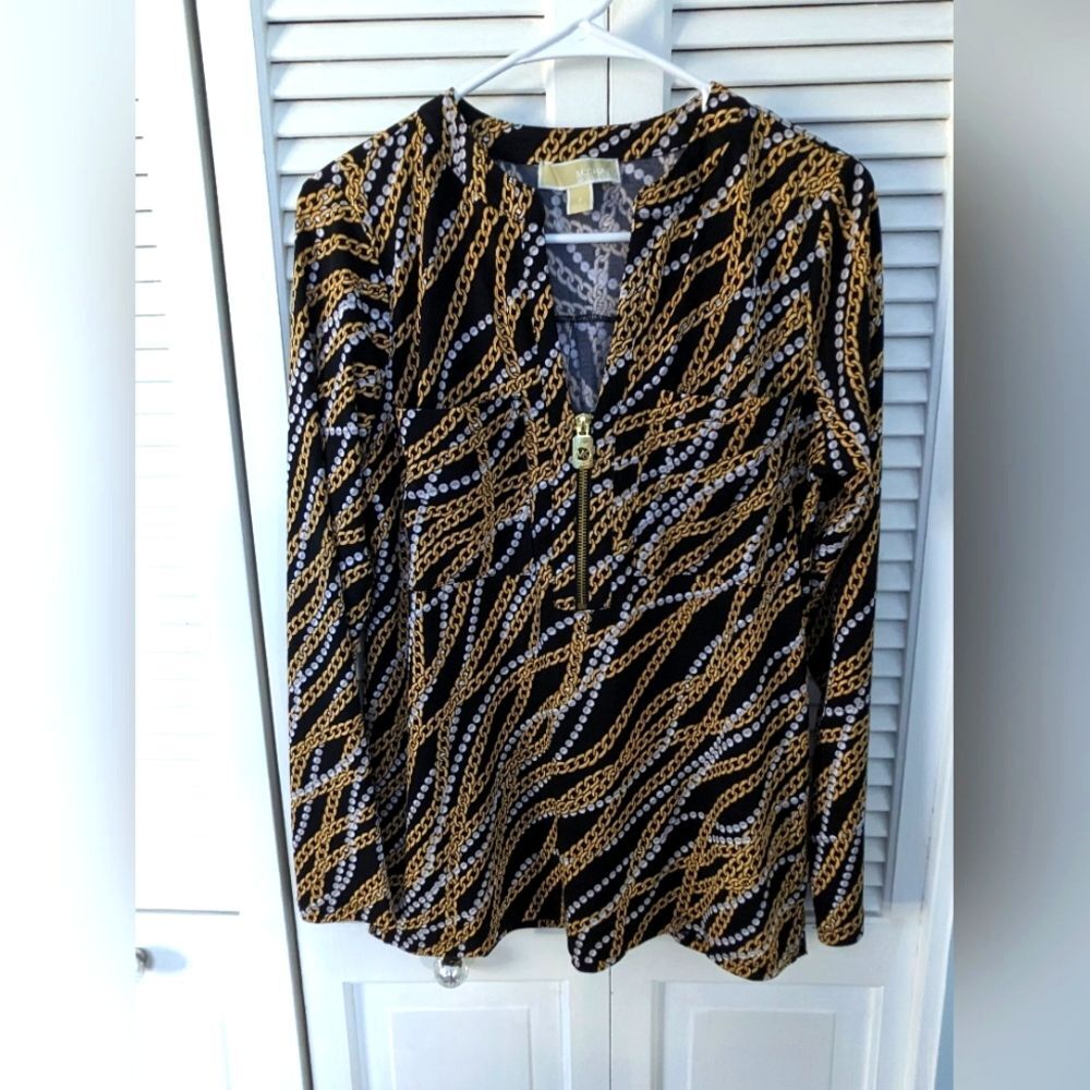 Michael Kors Top Womens sz S Black Gold Chains Stretch Zipper Maximalist Career